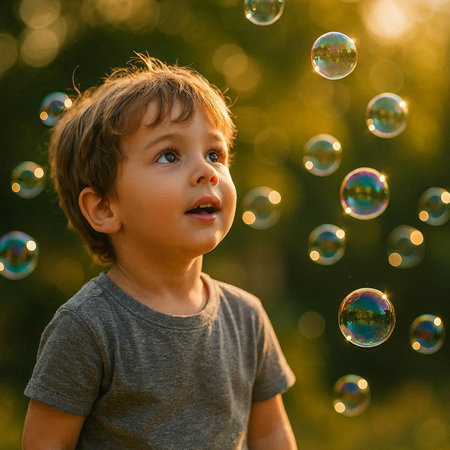 Cute little boy playing with soap bubbles outdoors at sunset. Happy childhood