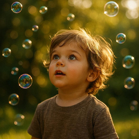 Little boy playing with soap bubbles in the park. Child having fun outdoors.