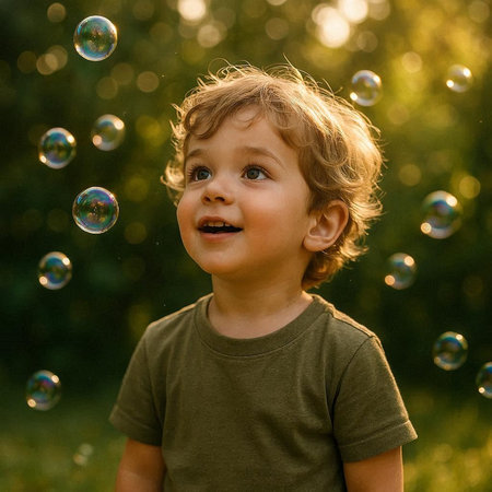Little boy playing with soap bubbles in the park. Child having fun outdoors.