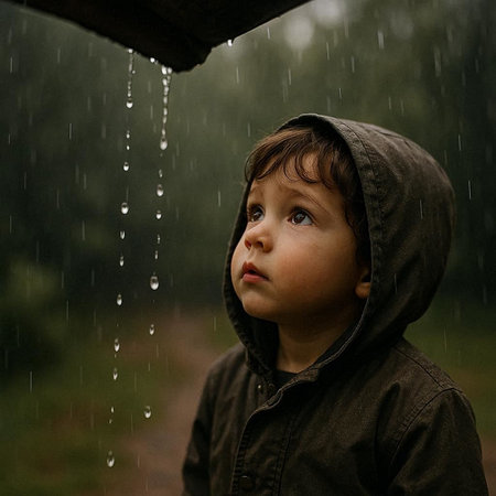 Cute little boy standing in the rain and looking at the cameraの写真素材
