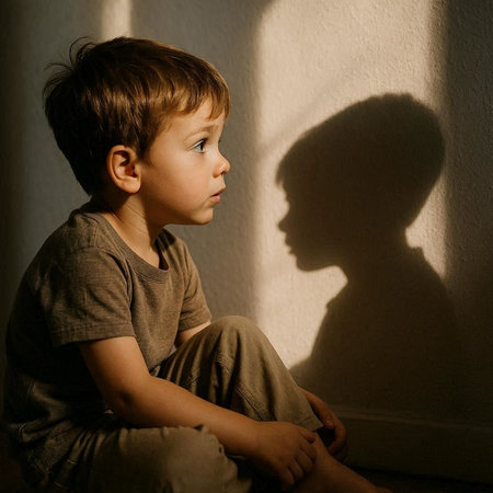 Sad little boy sitting on the floor and looking at the shadow of his mother