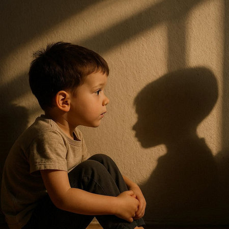 Little boy sitting on the floor and looking at the shadow of a ghost