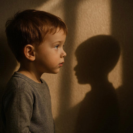Sad little boy looking at the shadow of his mother on a wall