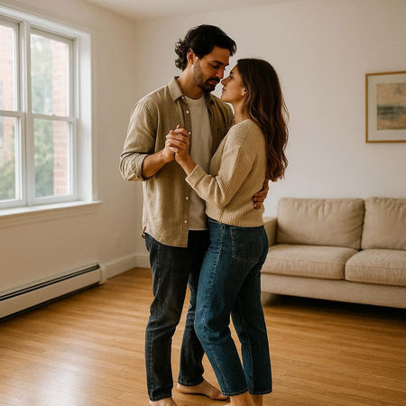 Beautiful young couple in love embracing and smiling while standing at home