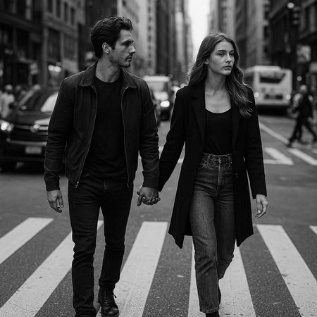 Young couple walking in the street of New York City. Black and white photo.