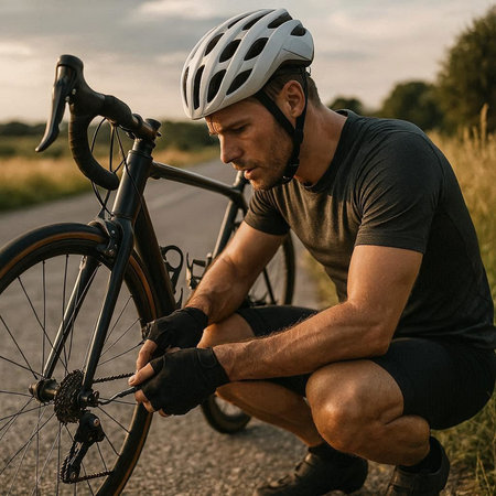 Cyclist sitting on the road and looking at his bicycle.の写真素材