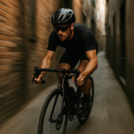 Side view of a cyclist riding a bicycle in an urban environment.の写真素材