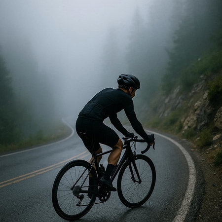 Cyclist Riding a Mountain Bike on a Foggy Road. Extreme Sport Concept.の写真素材