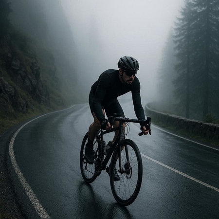 Cyclist Riding the Mountain Bike on the Road in the Foggy Forest.の写真素材