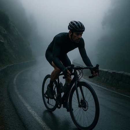 Cyclist Riding the Mountain Road on a Foggy Day.の写真素材