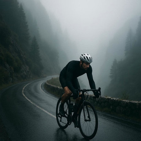 Cyclist Riding the Road on a Rainy Day in the Rocky Mountainsの写真素材