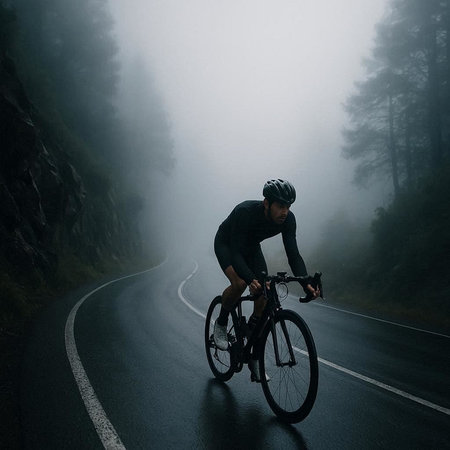 Cyclist Riding the Road on a Foggy Mountain Road.の写真素材