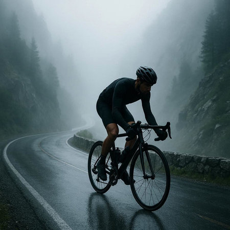 Cyclist Riding the Road in the Rainy Mountains. Extreme Sport Concept.