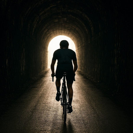Silhouette of a cyclist at the end of a tunnel.の写真素材