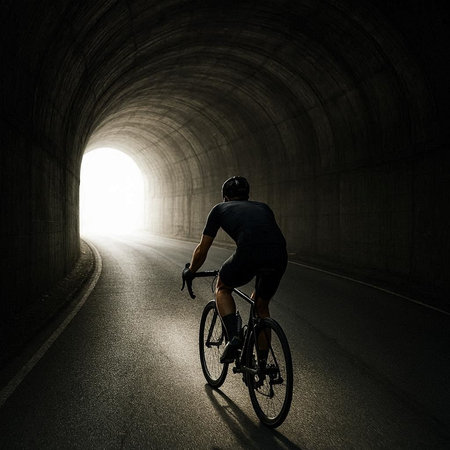 Cyclist riding a bicycle at the end of a tunnel.の写真素材