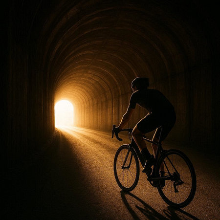 Cyclist in the dark tunnel with light coming from the endの写真素材