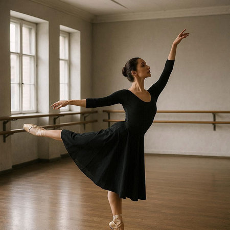 Young ballerina in black dress dancing in the ballet studio.