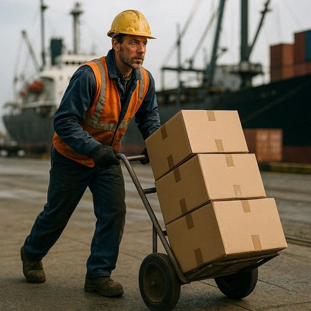 Portrait of a male worker unloading boxes from a hand truck