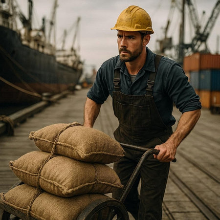 Portrait of a worker in overalls and a hardhat with a cart full of sacksの写真素材