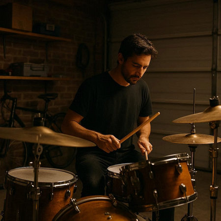 Musician playing drums in a recording studio. Man playing drums.