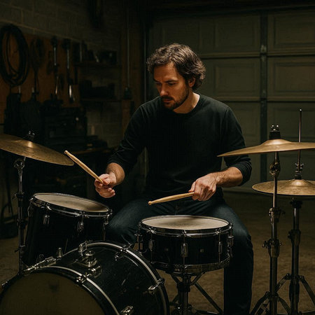 Musician playing drums in dark room. Musician playing drums in music studio.