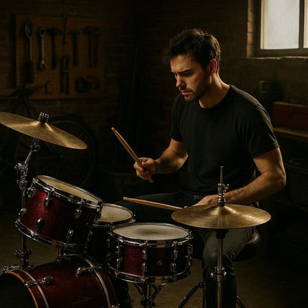 Musician playing drums in dark room. Man in black t-shirt and jeans.