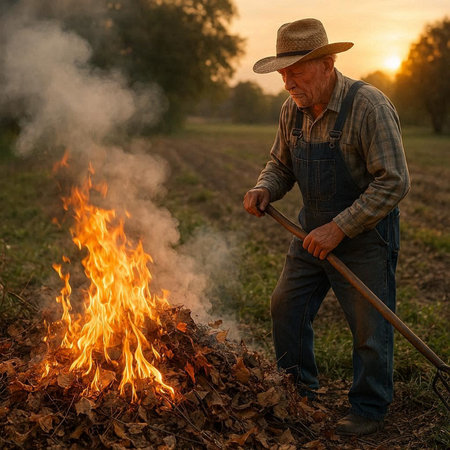 Farmer with a pitchfork in his hand on the background of a burning fire.