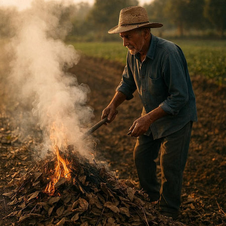 Farmer is preparing the fire for planting potatoes in the field.