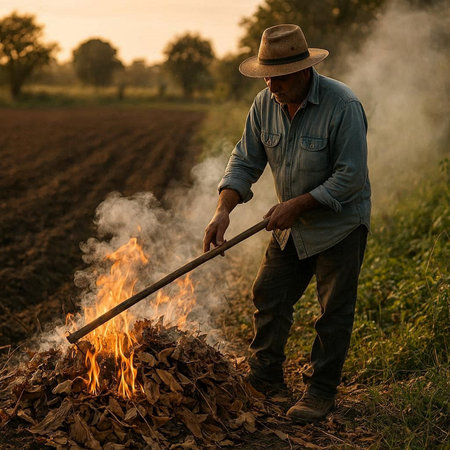 Farmer using a straw hat on a fire in the field.
