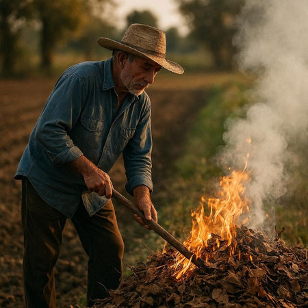 Farmer working on the field with the help of a fire.