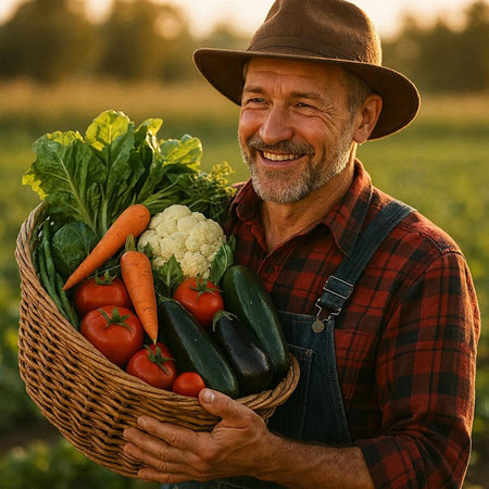 Farmer holding a basket full of freshly harvested vegetables in the fieldの写真素材