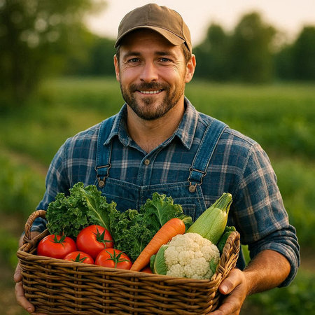 Portrait of a smiling farmer holding a basket full of fresh vegetablesの写真素材