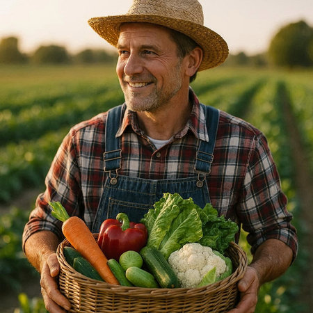 Portrait of senior farmer holding wicker basket full of fresh vegetables in fieldの写真素材
