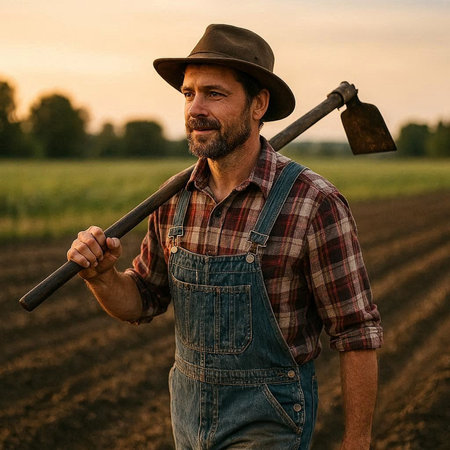 Farmer with an ax in his hand standing in the field.の写真素材
