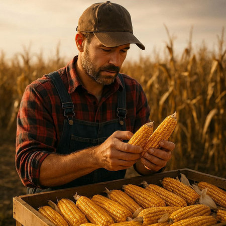 Farmer holding freshly harvested corn in a wooden box on the field