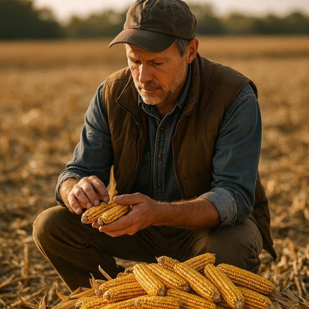 Farmer working in a corn field. Farmer harvest corn on the field.の写真素材