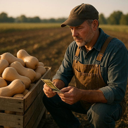 Farmer in cap and apron is counting money from a box with pumpkins on the field.