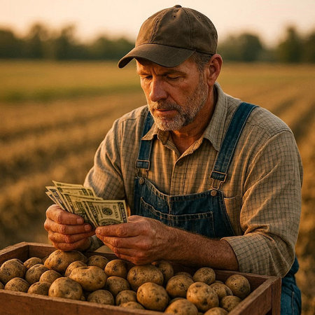 Farmer with potatoes in the field at sunset. Selective focus.