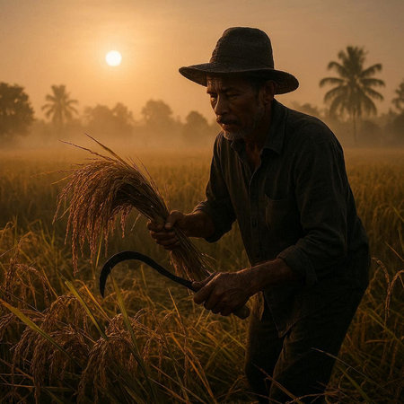 Farmer working in rice field at sunset, Bali, Indonesia