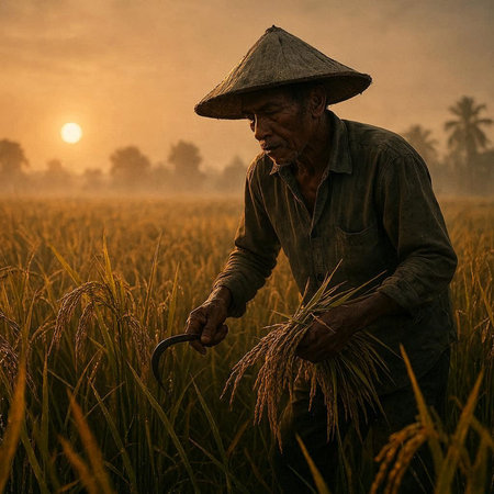 Farmer working in rice field at sunset in Bali, Indonesiaの写真素材