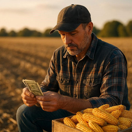 Farmer sitting in corn field and counting US dollar banknotes.の写真素材