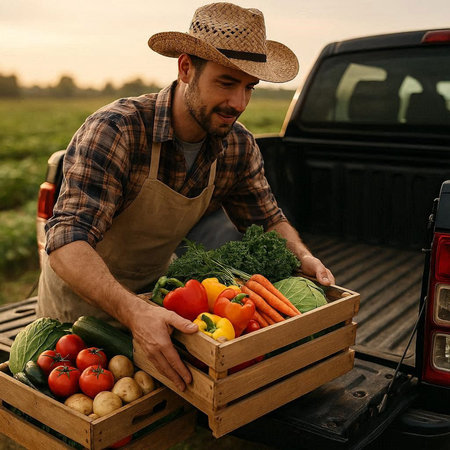 Farmer with wooden box full of fresh vegetables standing near his carの写真素材