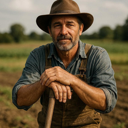 Farmer in a hat with a shovel in his hands on the fieldの写真素材