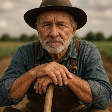 Portrait of a senior farmer sitting in his field with a cane.の写真素材