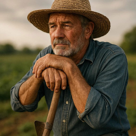 Portrait of a senior farmer with a shovel in the field.の写真素材