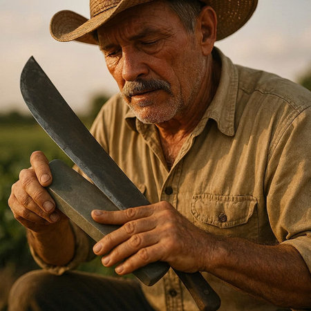 Farmer with a knife in his hand, close-up.