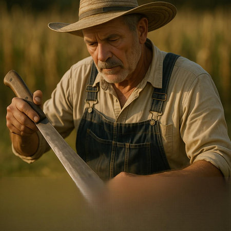 Portrait of a senior farmer with a knife in the field.