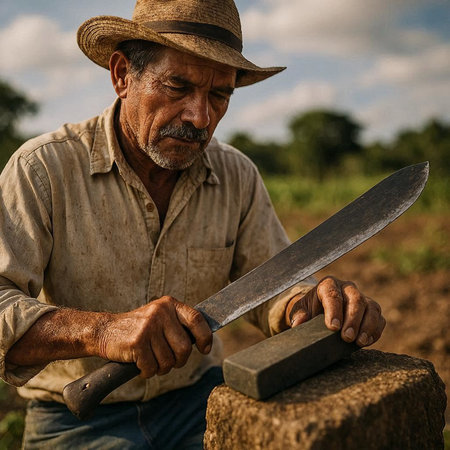 Old farmer with a knife in his hand in the field, close-up