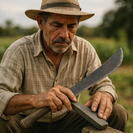 Senior farmer working on his farm, wearing a straw hat and holding a knife.の写真素材