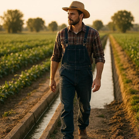 Farmer standing in a corn field and looking at the water.の写真素材